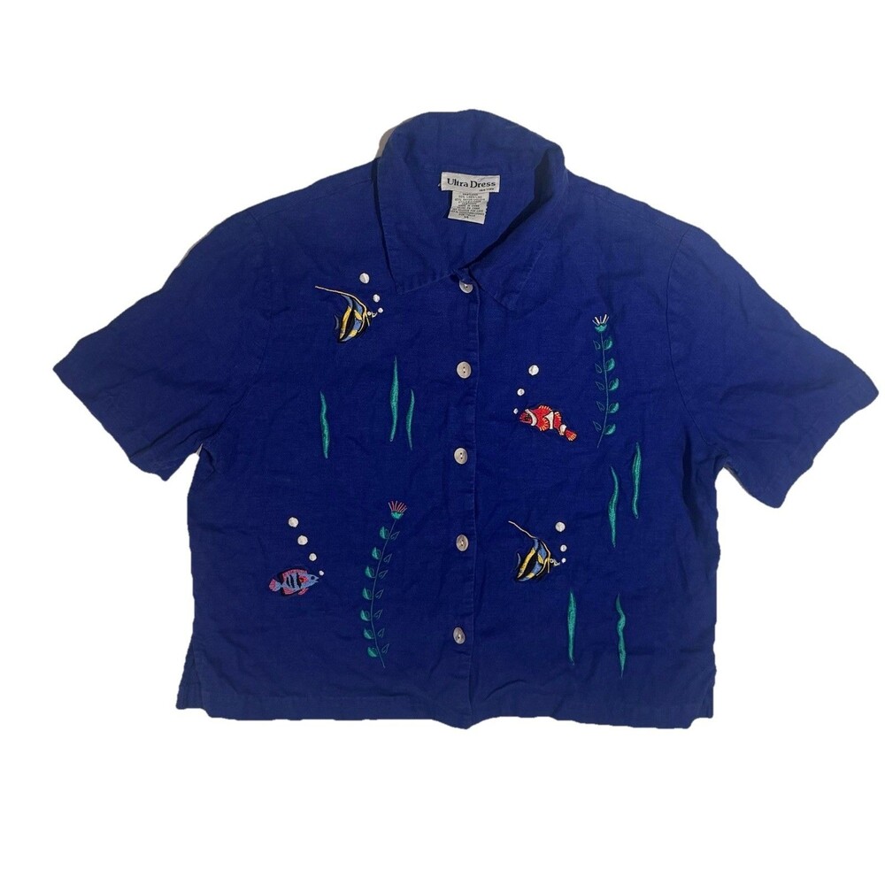 VTG ULTRA DRESS TROPICAL FISH EMBROIDERED SHIRT BLUE WOMENS 12 LINEN BLEND